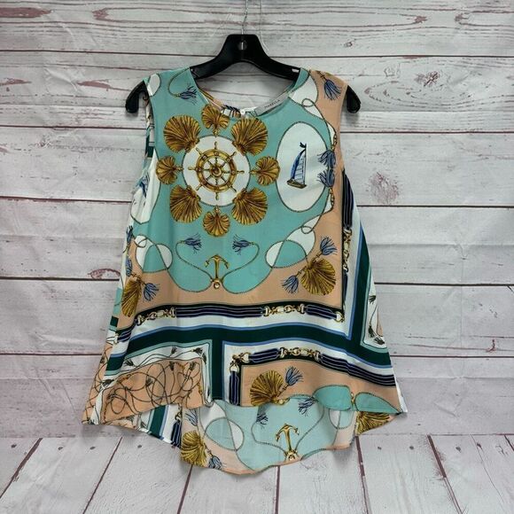 Marella Gea Nautical Pattern Silk Sleeveless Top Blouse Women’s Size 8 Blue Tan - Picture 1 of 5